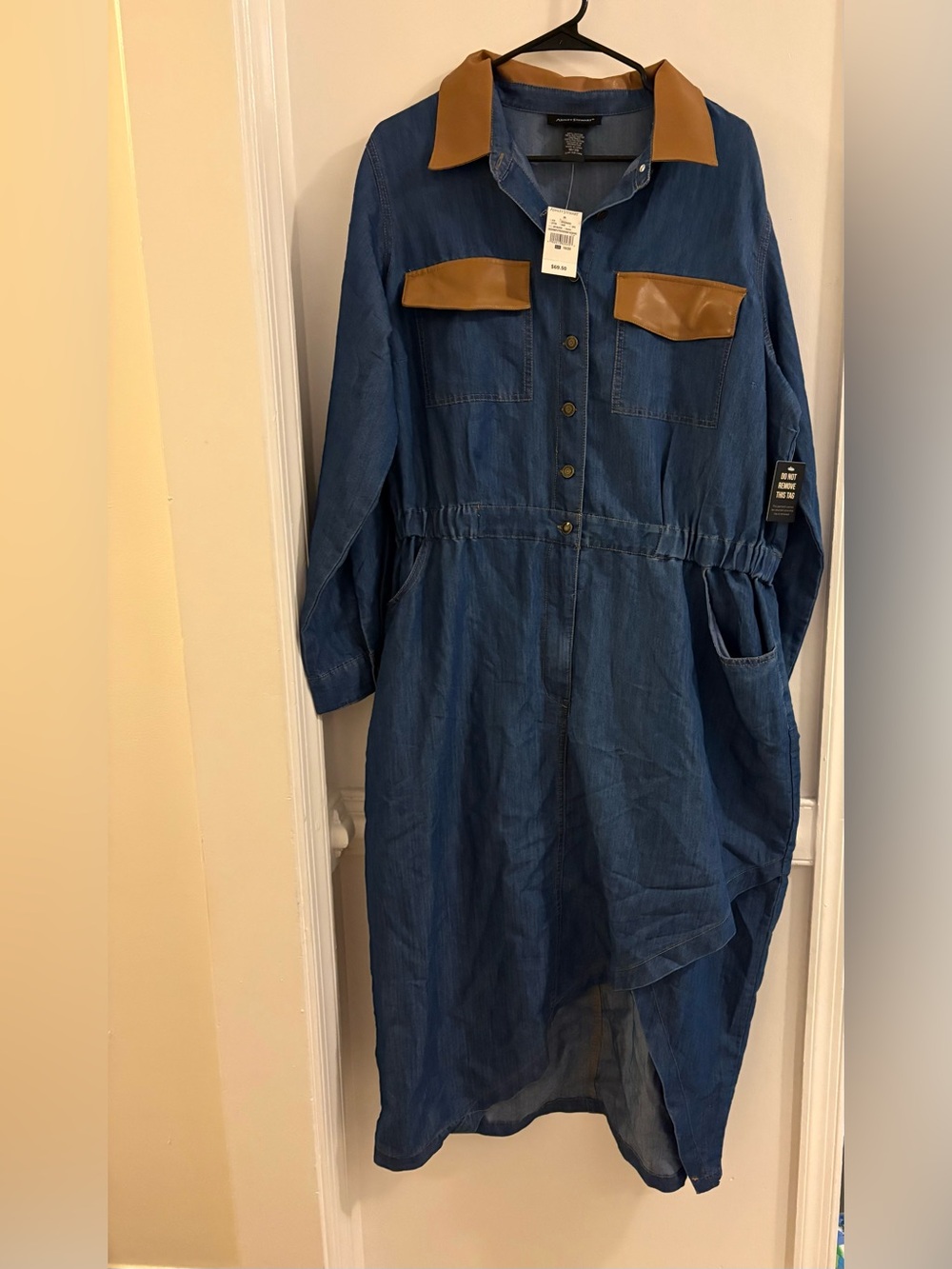 Ashley Stewart Blue Denim Shirt Dress with Brown Trim